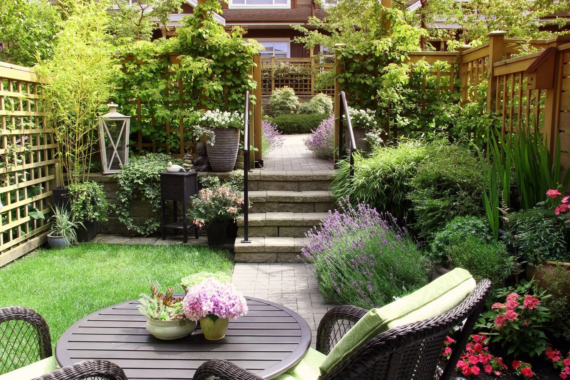 Manicured green landscaping with trees and open lawn
